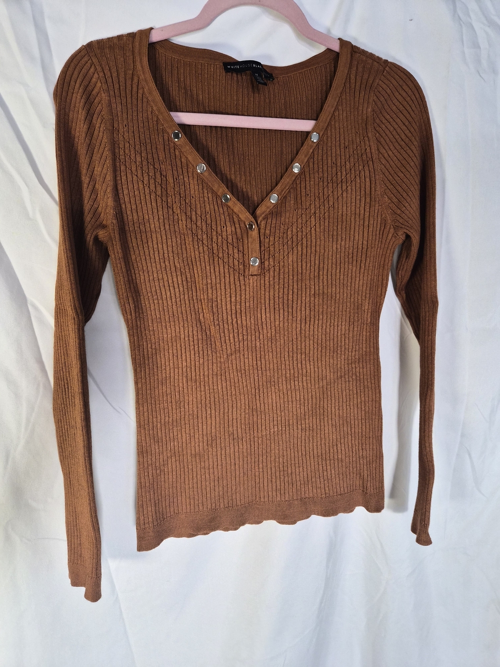 White House Black Market Brown Ribbed Henley Sweater Top